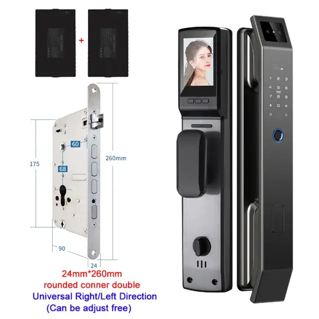 Modern black and silver aluminium alloy door lock with face recognition, touchscreen, keypad, and fingerprint sensor