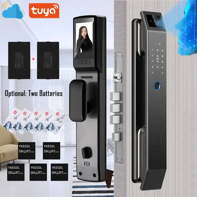 Modern black and silver aluminium alloy smart door lock with face recognition touchscreen keypad fingerprint sensor and camera