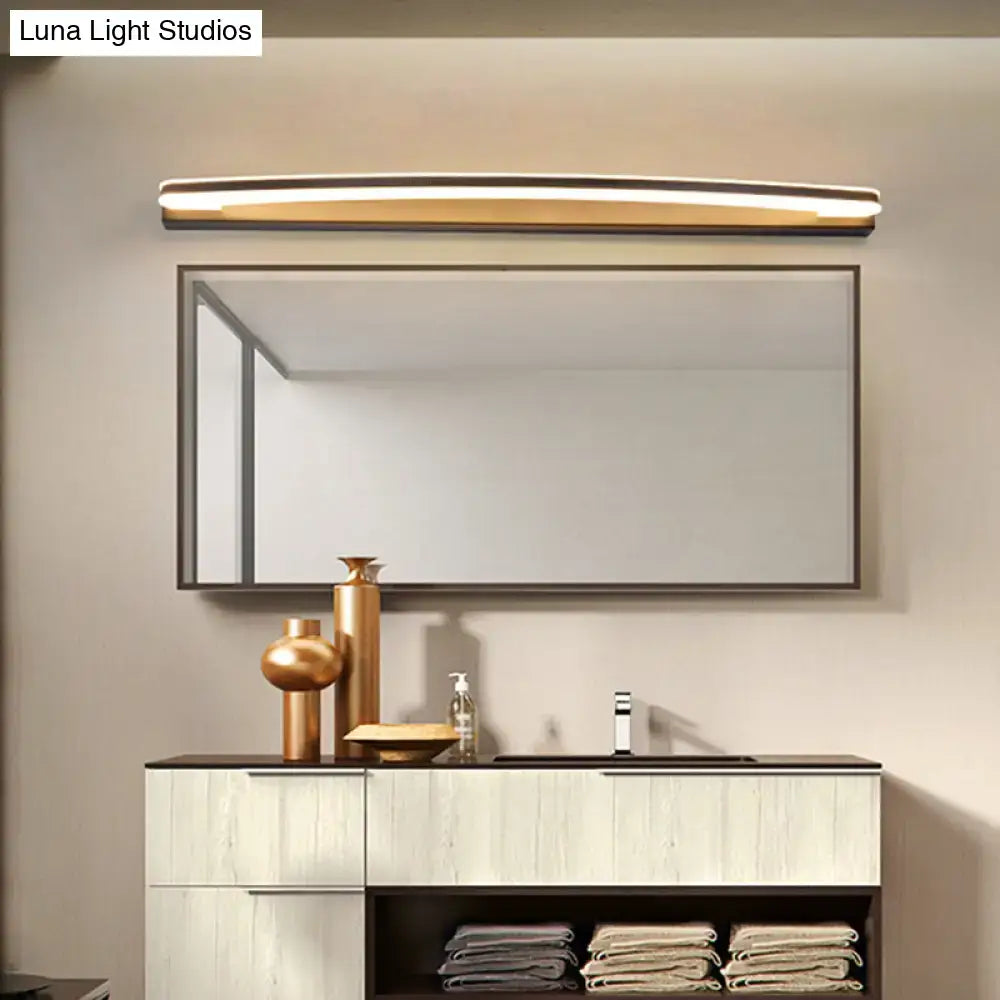 Modern gold-finished led bathroom light fixture with sleek elongated design and warm white illumination mounted above mirror