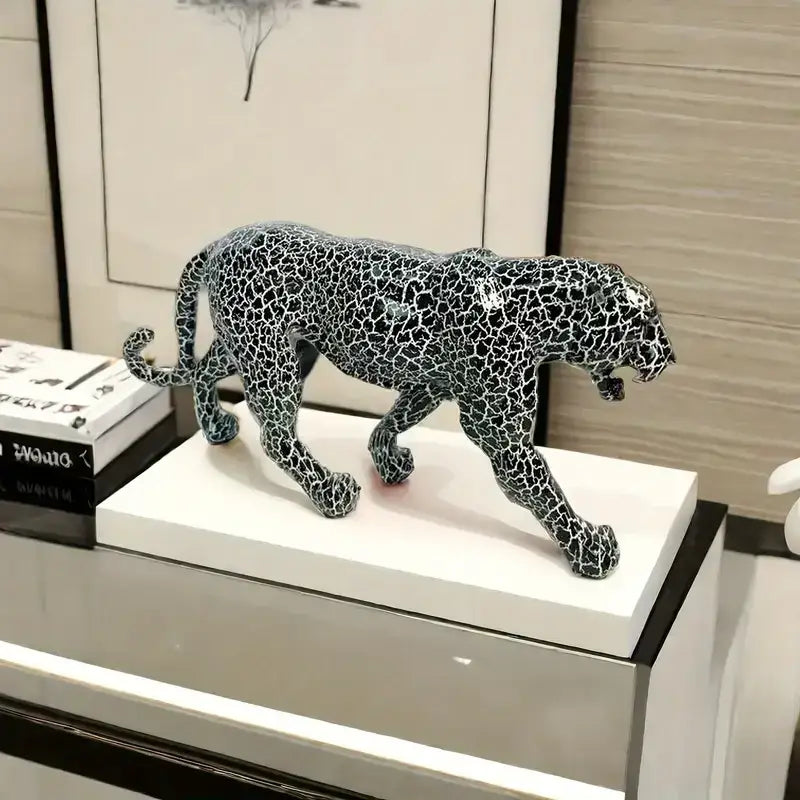 Black and white crackled leopard panther figurine with glossy finish on white pedestal decorbites leopard panther sculpture