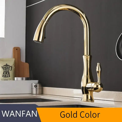 Modern black single handle kitchen faucet with gold-colored polished metallic finish and curved swivel spout by decorbites
