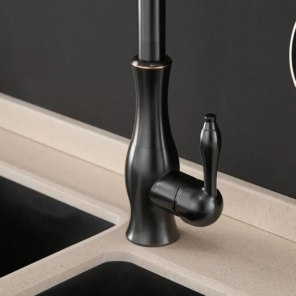 Modern black single handle kitchen faucet with curved swivel spout and copper accent by decorbites black single handle kitchen faucet