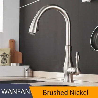 Modern black single handle kitchen faucet with brushed nickel pull-down spray head and sleek arched spout decorbites black single