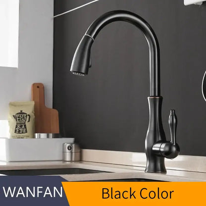 Modern black single handle kitchen faucet with matte finish curved swivel spout and pull-down spray head by decorbites single handle