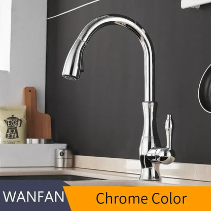 Modern decorbites black single handle kitchen faucet with chrome finish, arched spout, and pull-down spray head