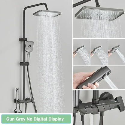 Modern black smart digital rainfall shower system with gun grey square rainhead, handheld shower, and usb control panel