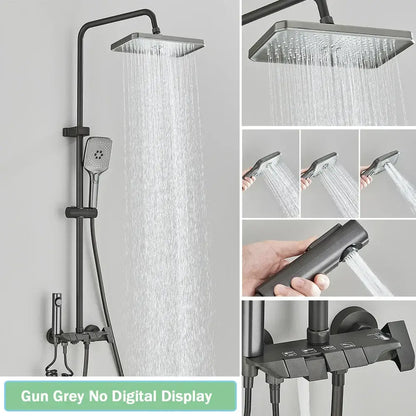 Gun grey modern black smart digital rainfall shower system with square rainhead handheld shower and multifunction control panel