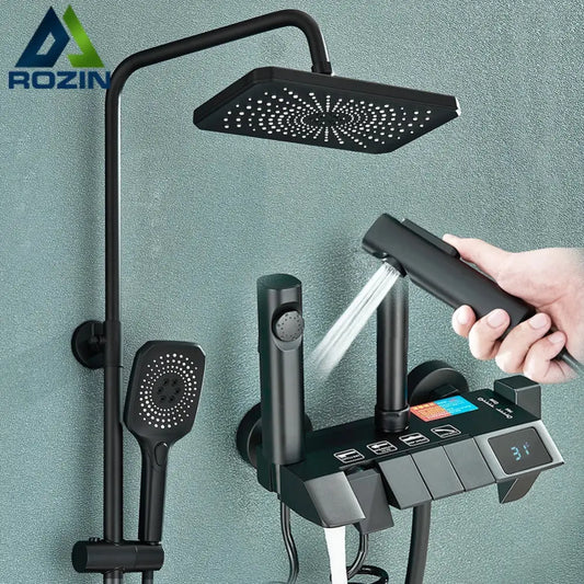 Modern black smart digital rainfall shower system with matte finish square rainhead handheld spray and digital control panel