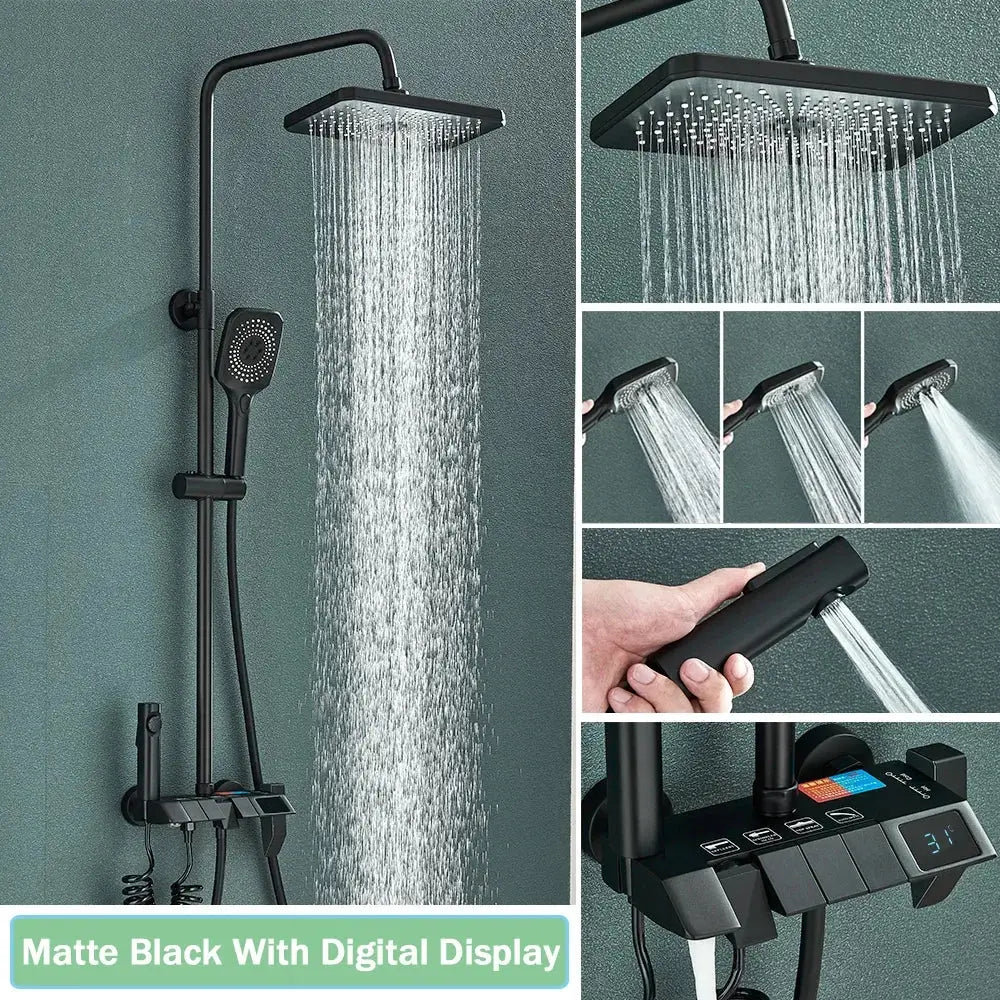 Matte black smart digital rainfall shower system with square rainhead handheld shower and digital control panel bathroom set