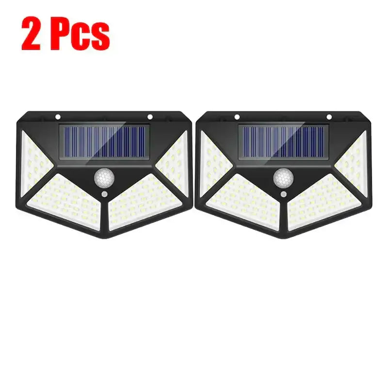 Modern black solar powered outdoor wall lamp with geometric design and multiple led panels for garden use