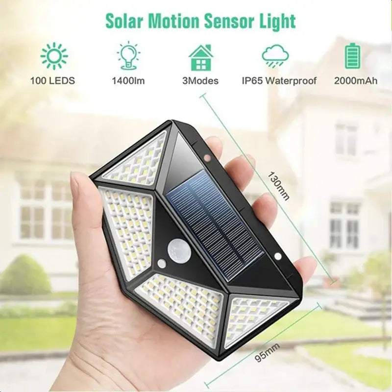 Modern black solar powered outdoor wall lamp with 100 led motion sensor and built-in rechargeable battery