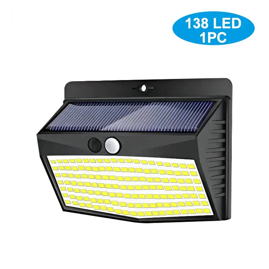 Modern black solar wall lamp with 138 bright yellow leds and motion sensor for outdoor security lighting