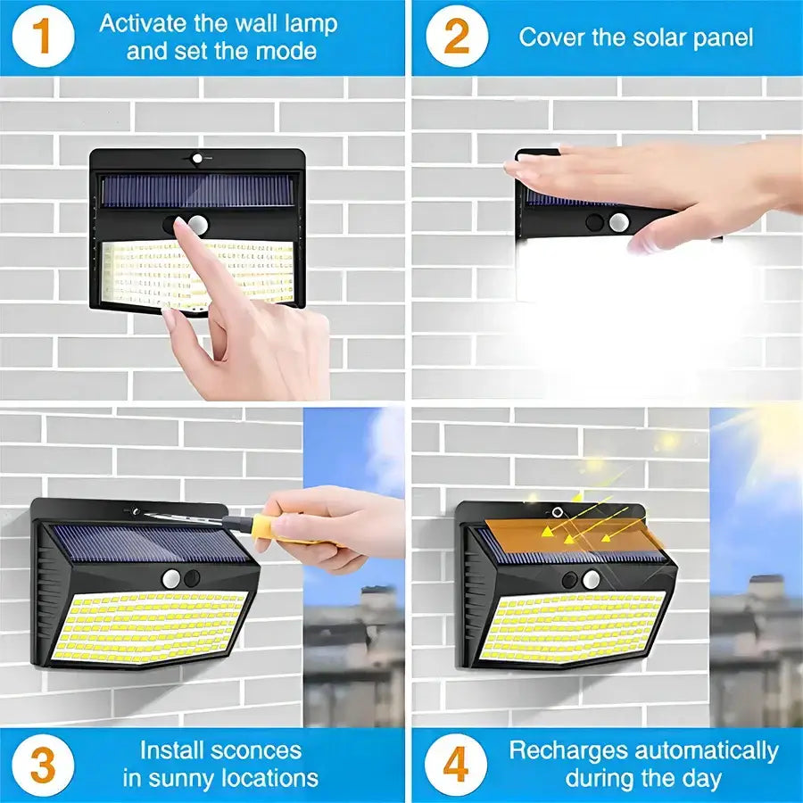 Modern black solar wall lamp with motion sensor and led light panel for outdoor security and energy-efficient lighting