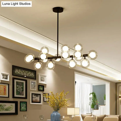 Modern black metal ceiling light with spherical glass globe bulbs and distinctive bulb base for dining room chandelier
