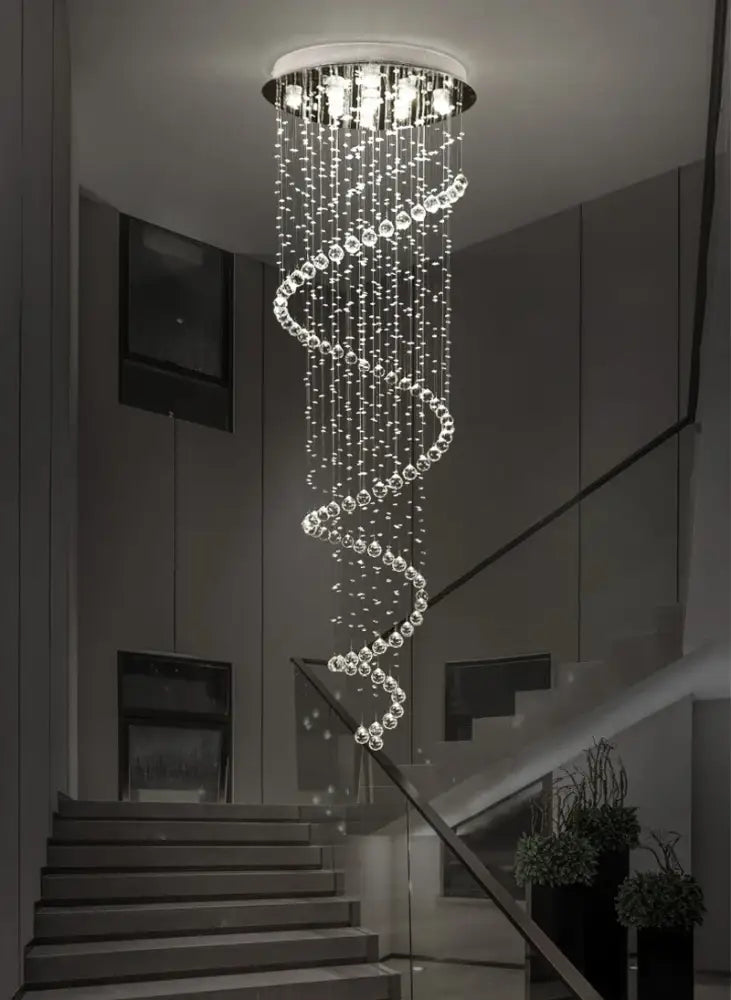 Modern black decorbites crystal pendant spiral chandelier with cascading clear beads and sleek metallic frame for bedroom light