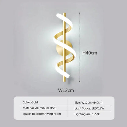 Modern black spiral led wall lamp with gold aluminum and pvc design featuring an integrated led wall light source