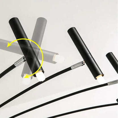 Modern black sputnik chandelier with black cylindrical led light fixtures metal connectors and warm white illumination