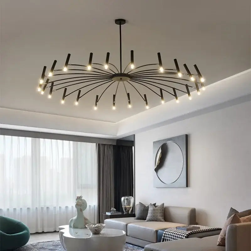 Modern black sputnik chandelier with multiple slender arms and illuminated bulbs in metal for living room decorbites black sputnik
