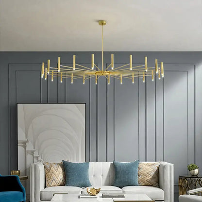 Modern black sputnik chandelier with gold-toned metal arms and cylindrical light fixtures for living room decorbites black sputnik