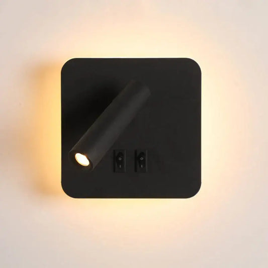 Modern black square led wall lamp with adjustable cylindrical spotlight and two toggle switches for bedroom reading light