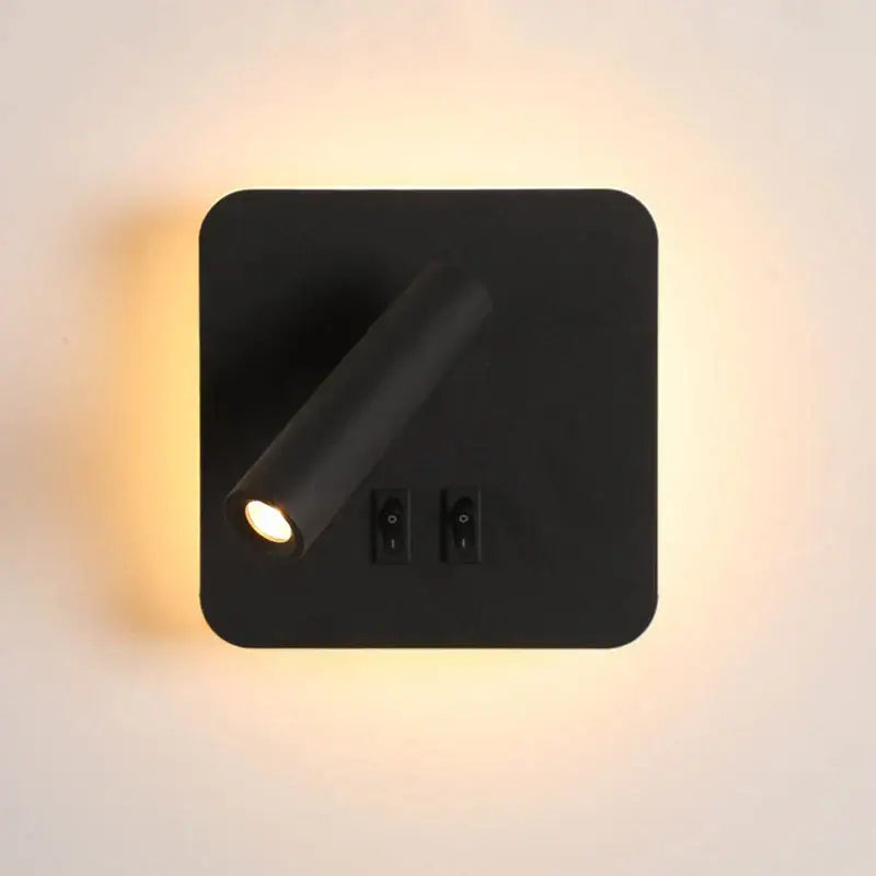 Modern black square led wall lamp with adjustable cylindrical spotlight and two toggle switches for bedroom reading light