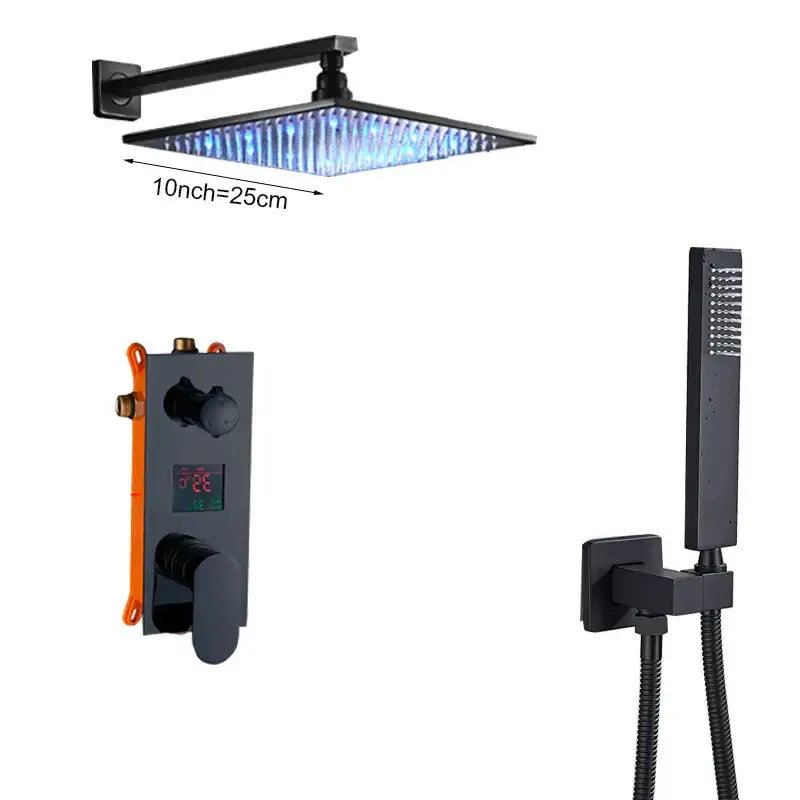 Modern black square shower faucet set with 10-inch rainfall head and blue led lighting for bathroom use