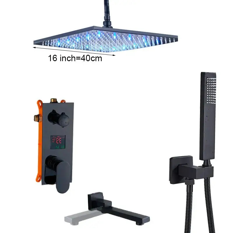 Modern black square shower faucet set with 16-inch rain shower head and blue led lights for bathroom use