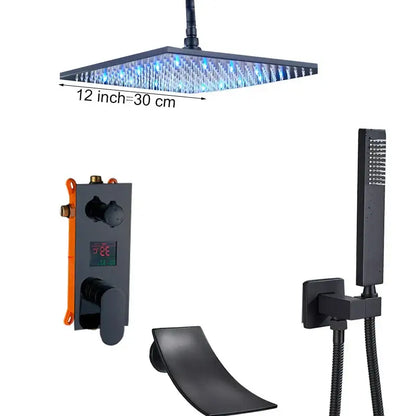 Modern black square shower faucet set with 12-inch rain shower head featuring blue led lights for bathroom use
