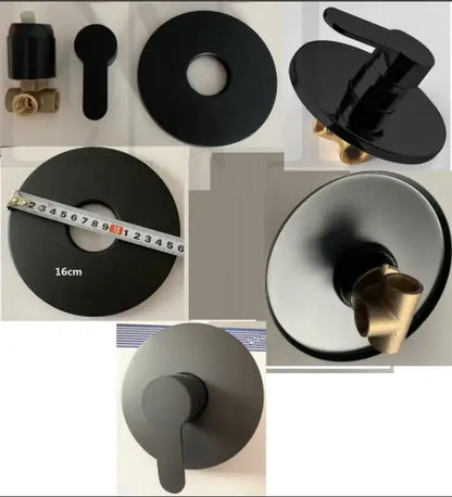 Modern black square wall mounted bathroom hook with black matte shower mixer and brass fittings for mounted bathroom faucet use