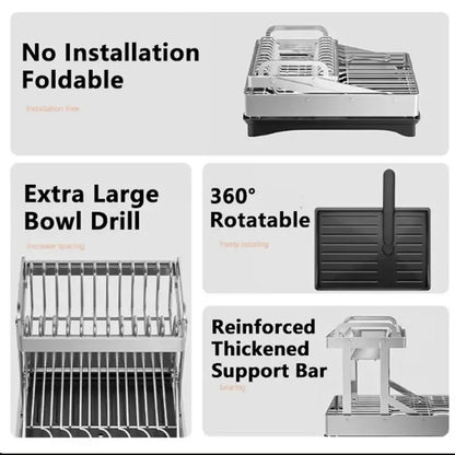 Modern black stainless steel 2 tier dish drainer rack with foldable design and 360 degree rotating tray for kitchen storage