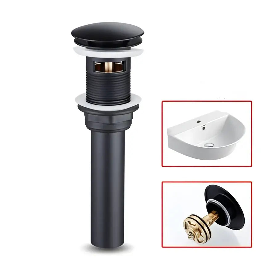 Modern black stainless steel basin faucet drain with matte black finish and polished brass components for bathroom use