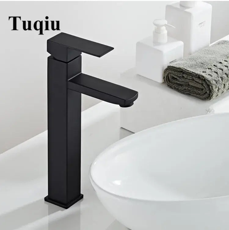 Modern black stainless steel basin faucet with a sleek rectangular design by decorbites black stainless for bathroom sink mixer