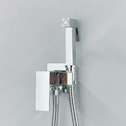 Modern black and stainless steel brass bidet faucet with chrome finished rectangular wall-mounted spray and flexible hose