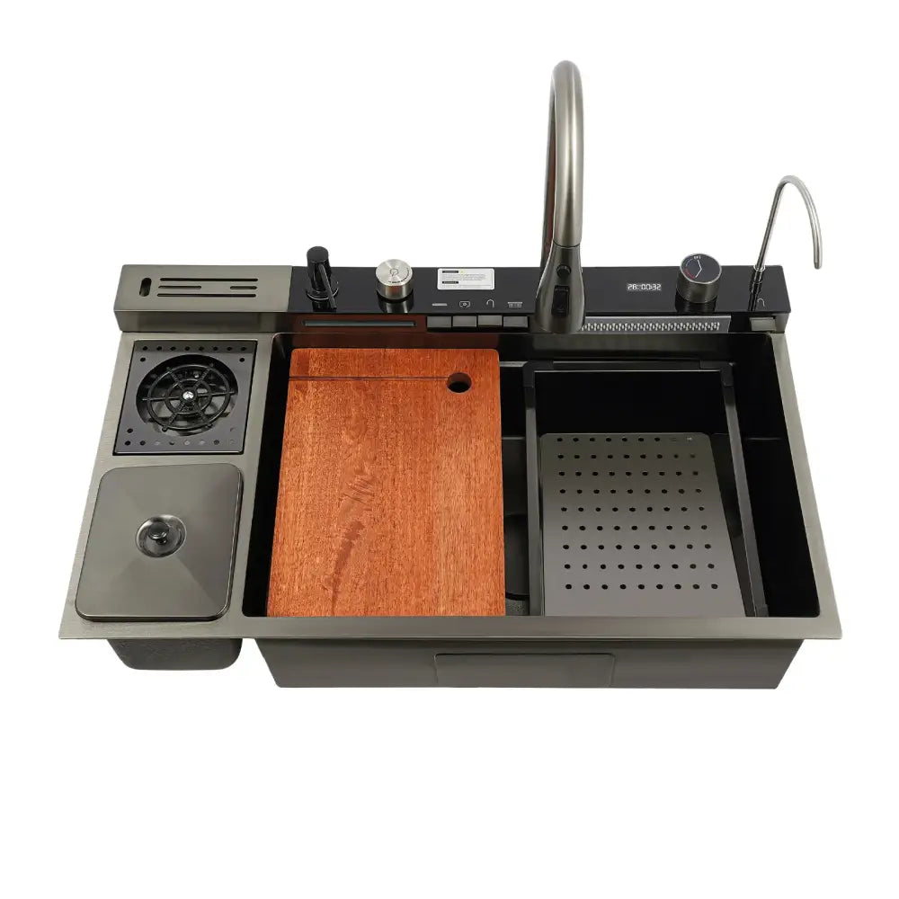 Modern black stainless steel digital display sink kitchen set with integrated wooden cutting board and perforated drainboard