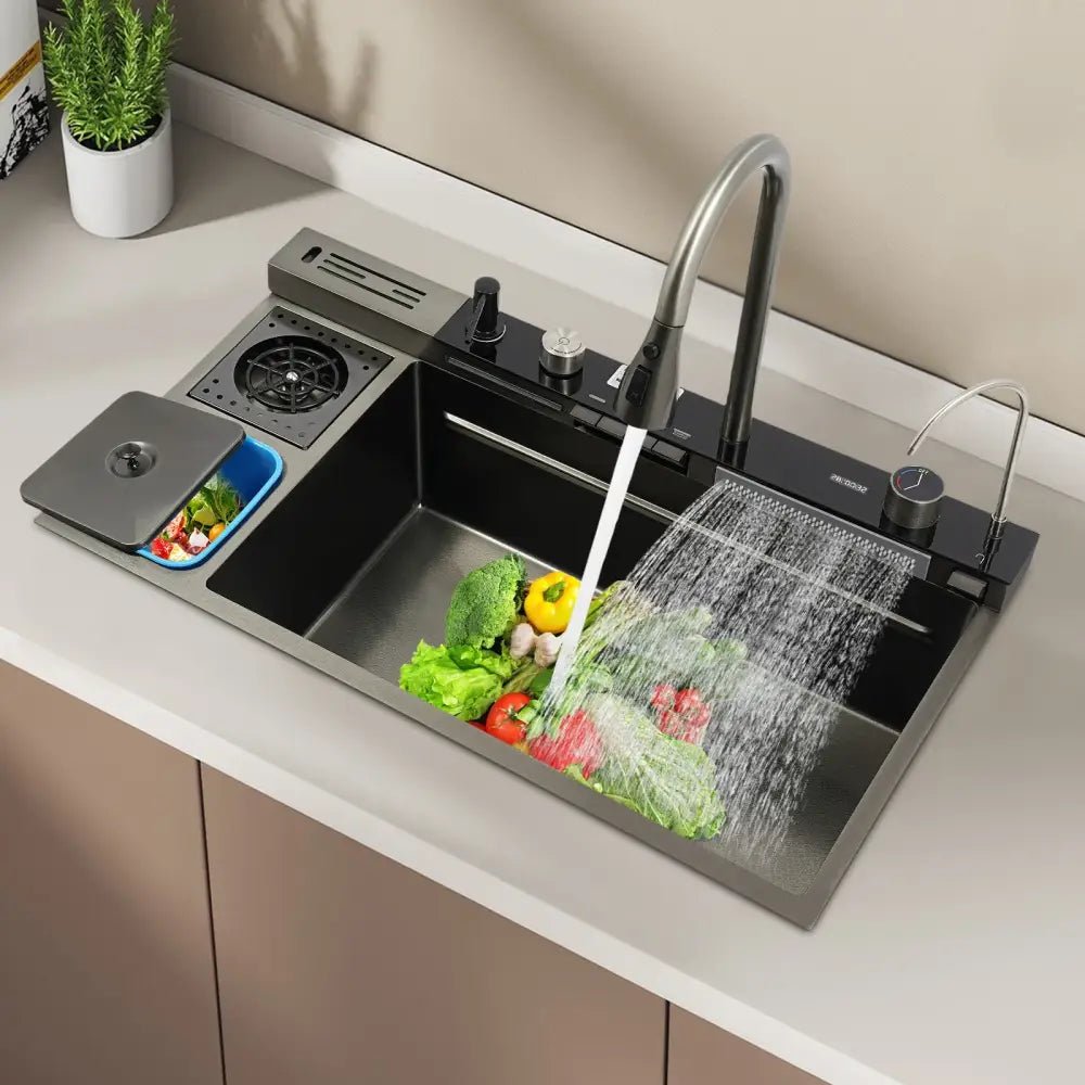 Modern black stainless steel digital display sink kitchen set - Decorbites