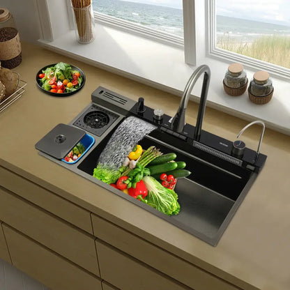 Modern black stainless steel kitchen sink with digital display faucet and water dispensing mode food waste disposal system