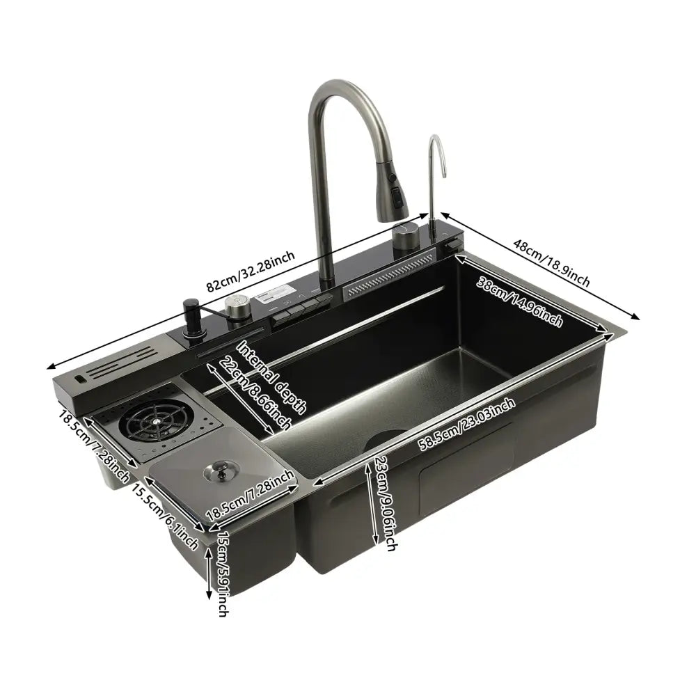 Modern black stainless steel digital display sink kitchen set with undermount sink and integrated water dispensing mode faucet