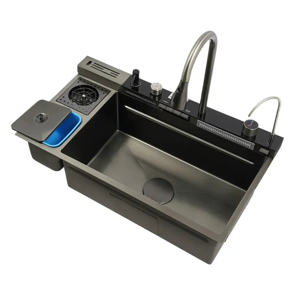 Modern black stainless steel digital display sink kitchen set - Decorbites