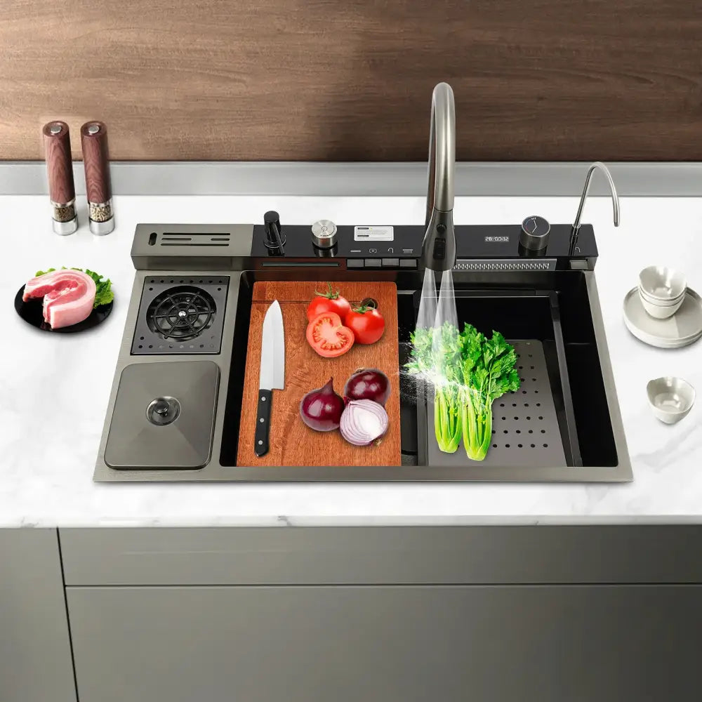 Modern black stainless steel digital display kitchen sink set with integrated cooktop and water dispensing mode