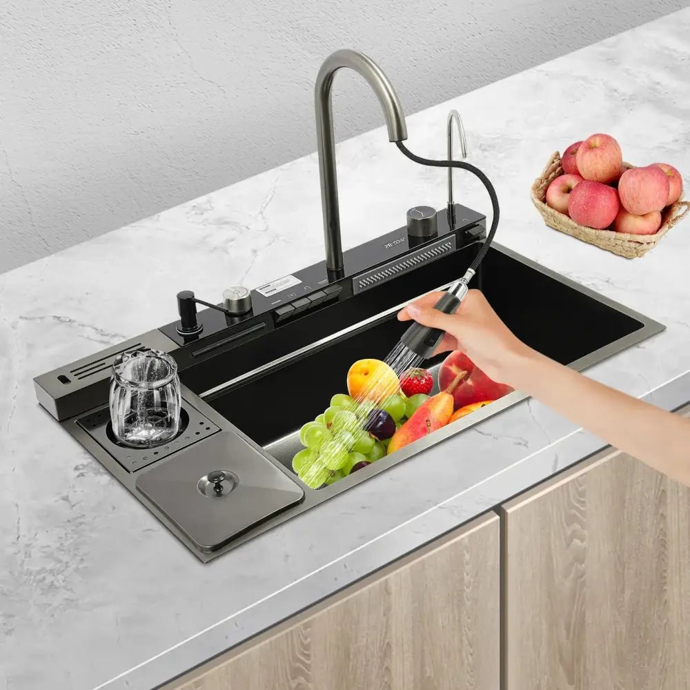 Modern black stainless steel digital display sink kitchen set - Decorbites