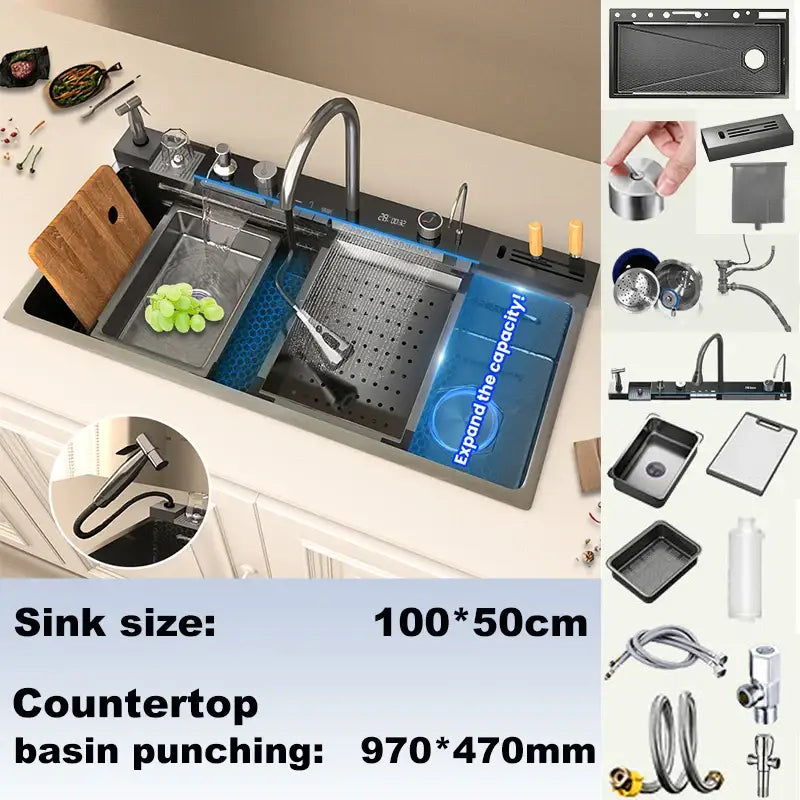 Modern black stainless steel double basin kitchen sink with sleek multi-compartment design and integrated digital faucet