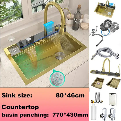 Modern black stainless steel double basin kitchen sink with gold waterfall faucet and integrated drain features stainless steel design