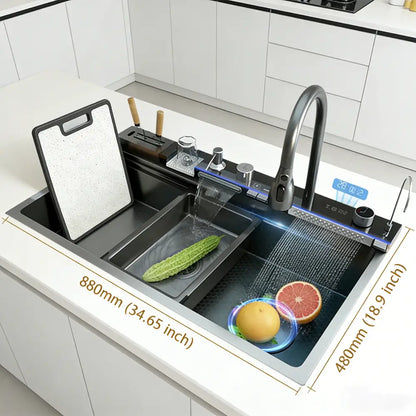 Modern black stainless steel double basin kitchen sink with sleek digital faucet and integrated display for kitchens