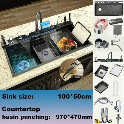 Modern black stainless steel double basin kitchen sink with digital faucet and hexagonal grid pattern in left basin
