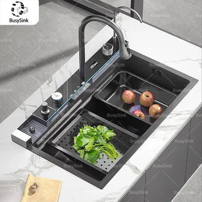 Modern black stainless steel double basin kitchen sink with integrated digital faucet and control panel for kitchen use