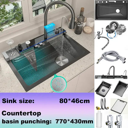Modern black stainless steel double basin kitchen sink with integrated waterfall faucet and digital display