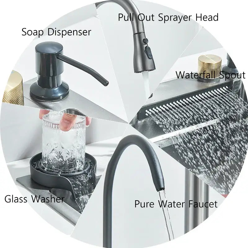 Modern black stainless steel double basin kitchen sink featuring a black matte pull-out sprayer faucet head