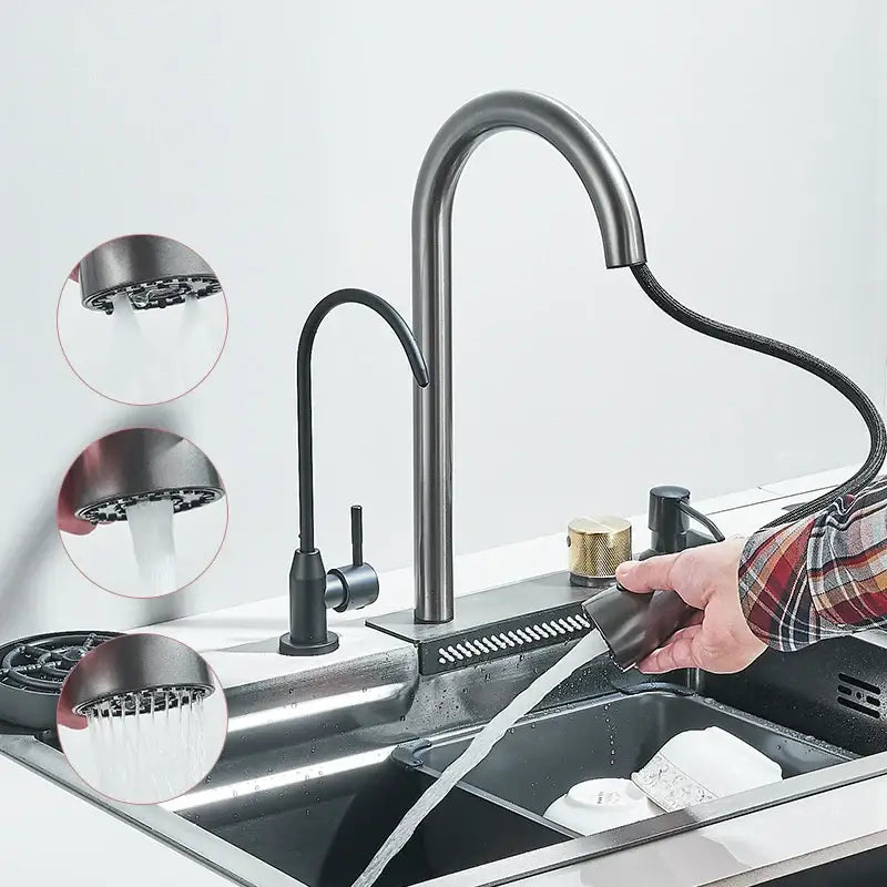 Modern black stainless steel double basin kitchen sink with black matte finish pull-down faucet with flexible hose