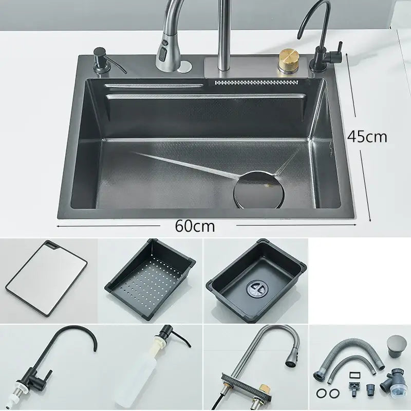 Modern black stainless steel double basin kitchen sink with integrated faucet and soap dispenser accessories