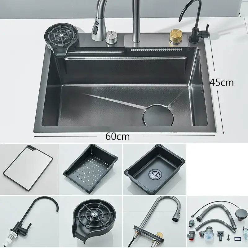 Modern black stainless steel double basin undermount kitchen sink with integrated faucet and drain assembly